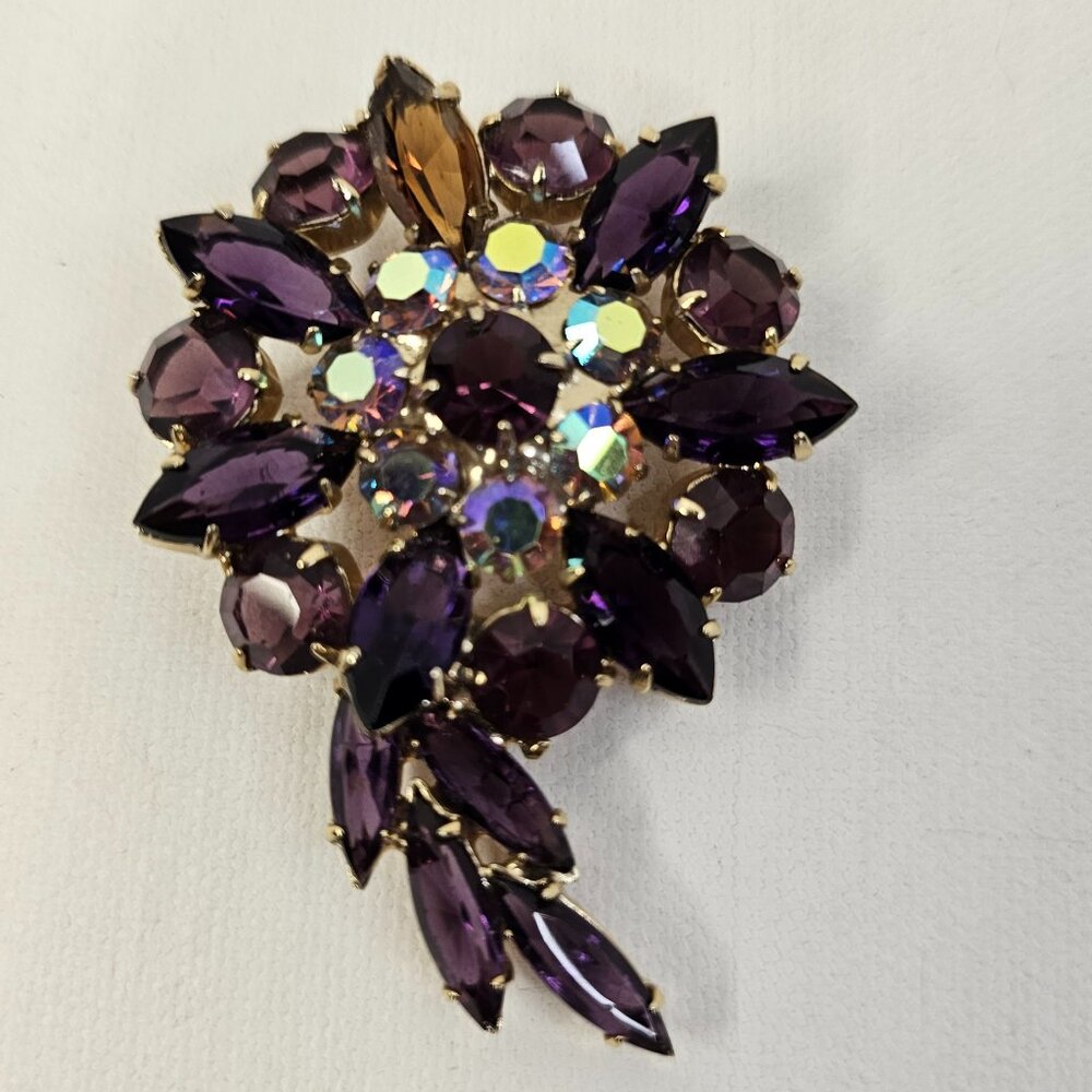 Gold Tone Metal Purple Crystal AB Rhinestone Brooch Open Back Navettes Unmarked